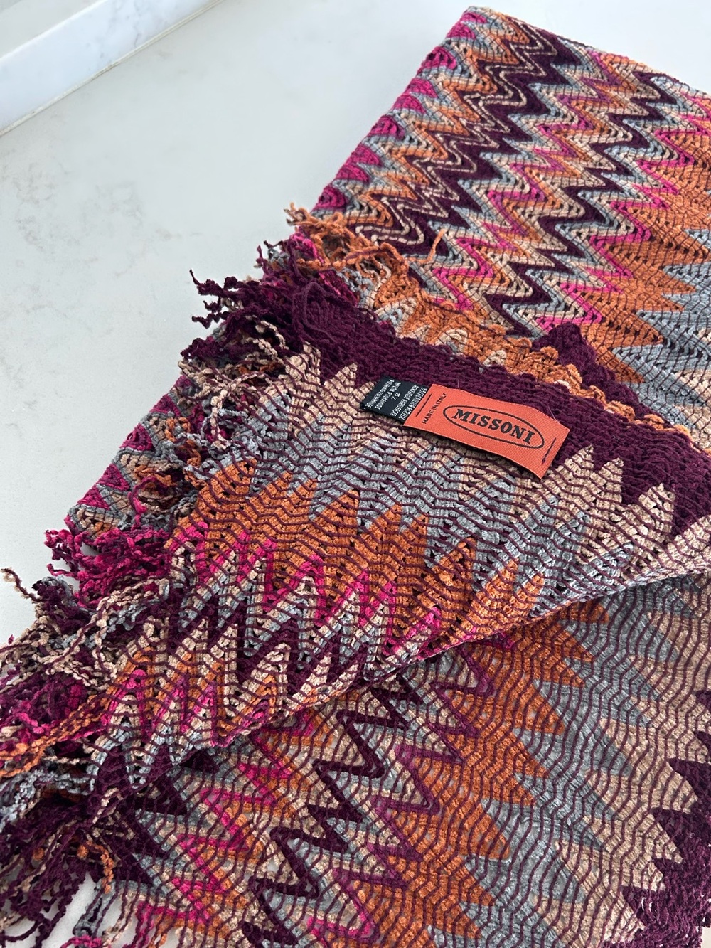 Missoni Chevron Knit Scarf in Burgundy, Pink & Orange